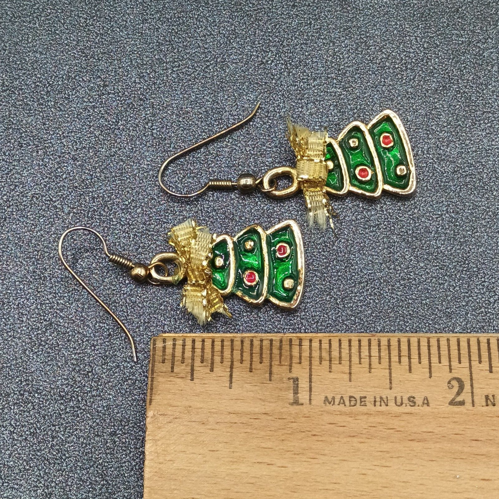 Pierced Earrings Gold tone Green Enamel Christmas Tree Bow Dangle 1"