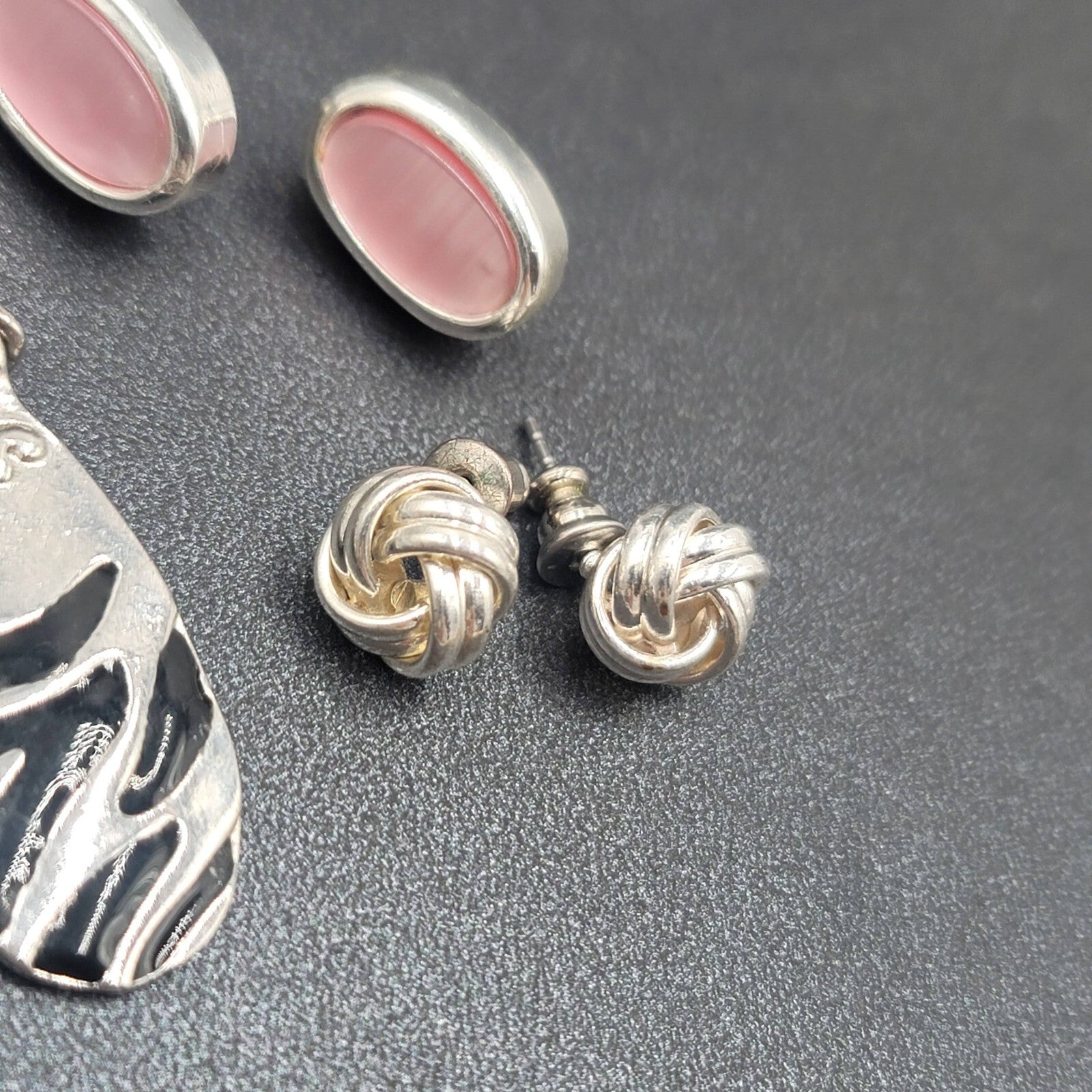 Lot of 3 Pierced Earrings Silver tone Pink Cats Eye Black Enamel Dangle Studs