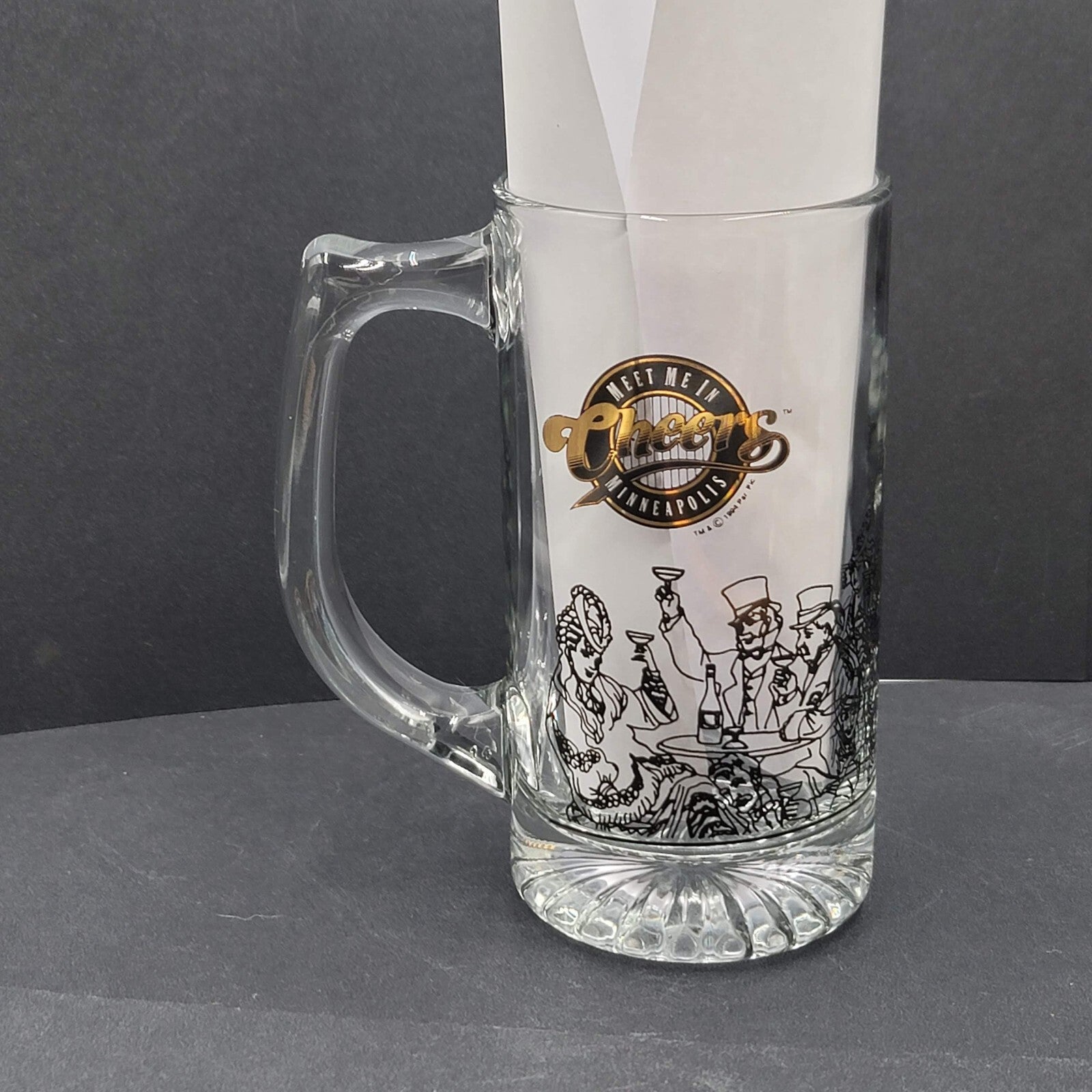 Cheers Meet Me In Minneapolis Clear Mug with Black Etching Beer Stein Souvenir