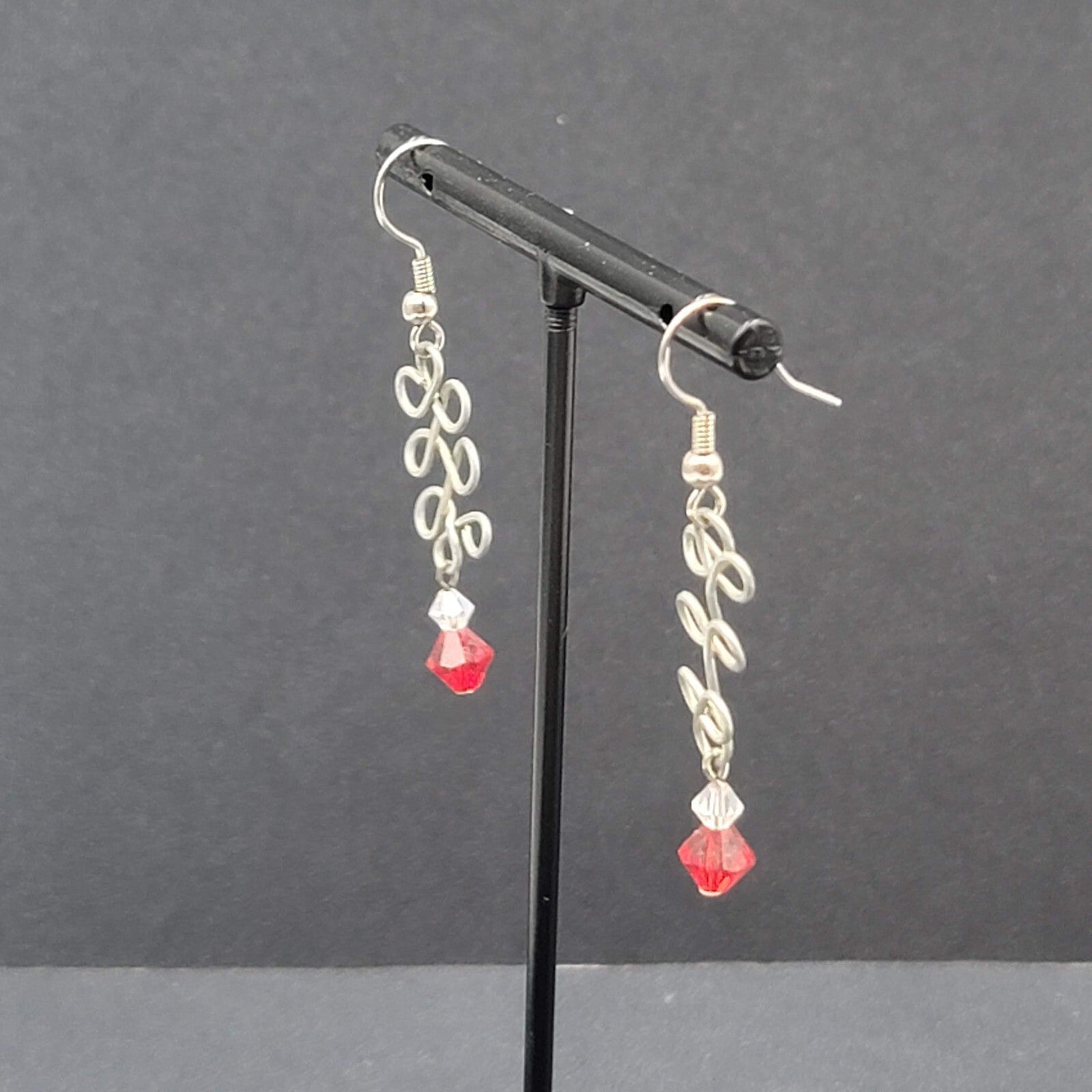 Pierced Earrings Silver tone Wire Red Crystal Bead 1.25"