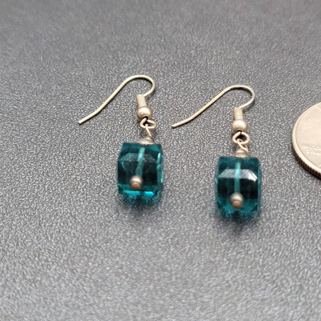 Pierced Earrings Silver tone Square Blue Crystal Bead Dangle 7/8"