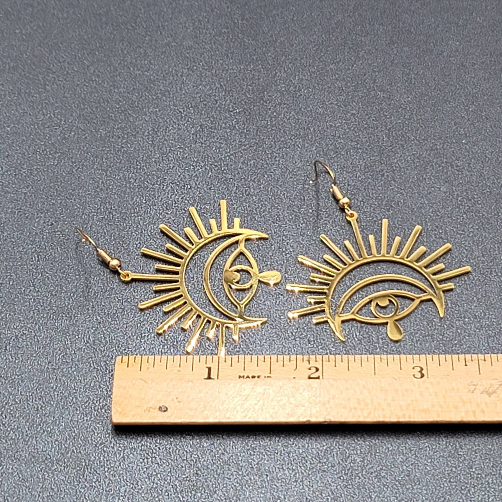 New Evil Eye Pierced Earrings Teardrop Gold Plated Statement Dangle 1 5/8"