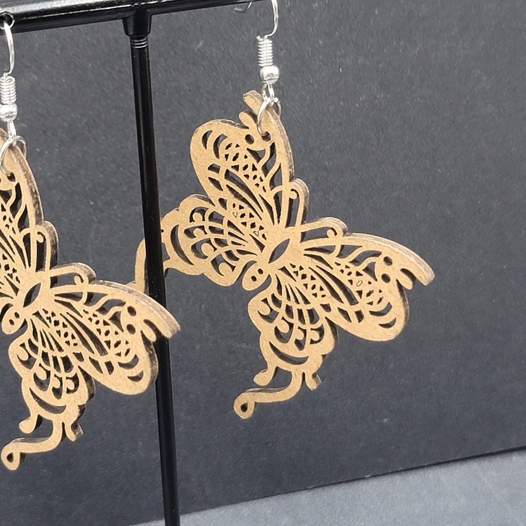 Butterfly Pierced Earrings Laser Cut Wood Dangle Statement 1.75"