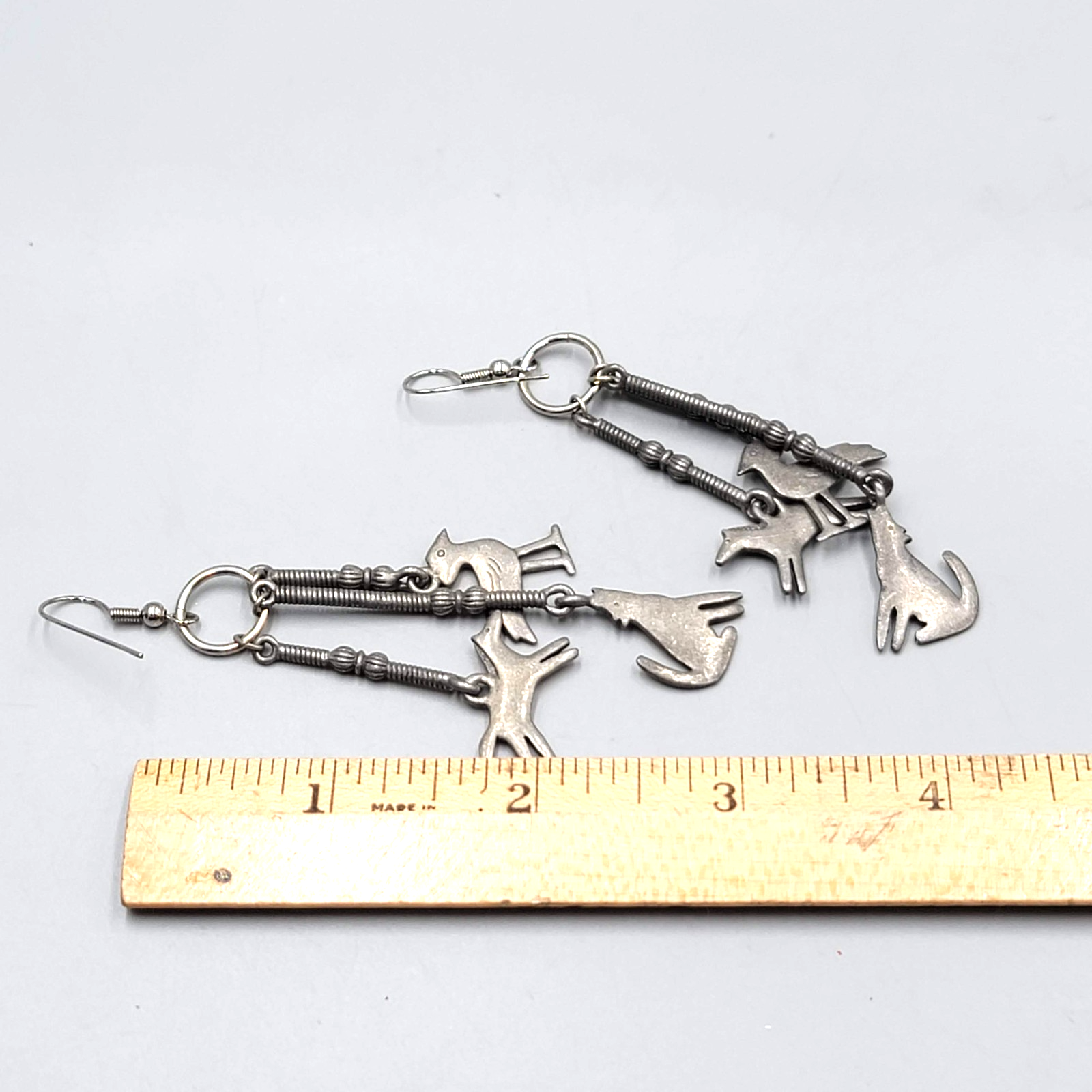 Vintage Southwest Theme Pierced Earrings Horse Coyote Gray Pewter Dangle 3"
