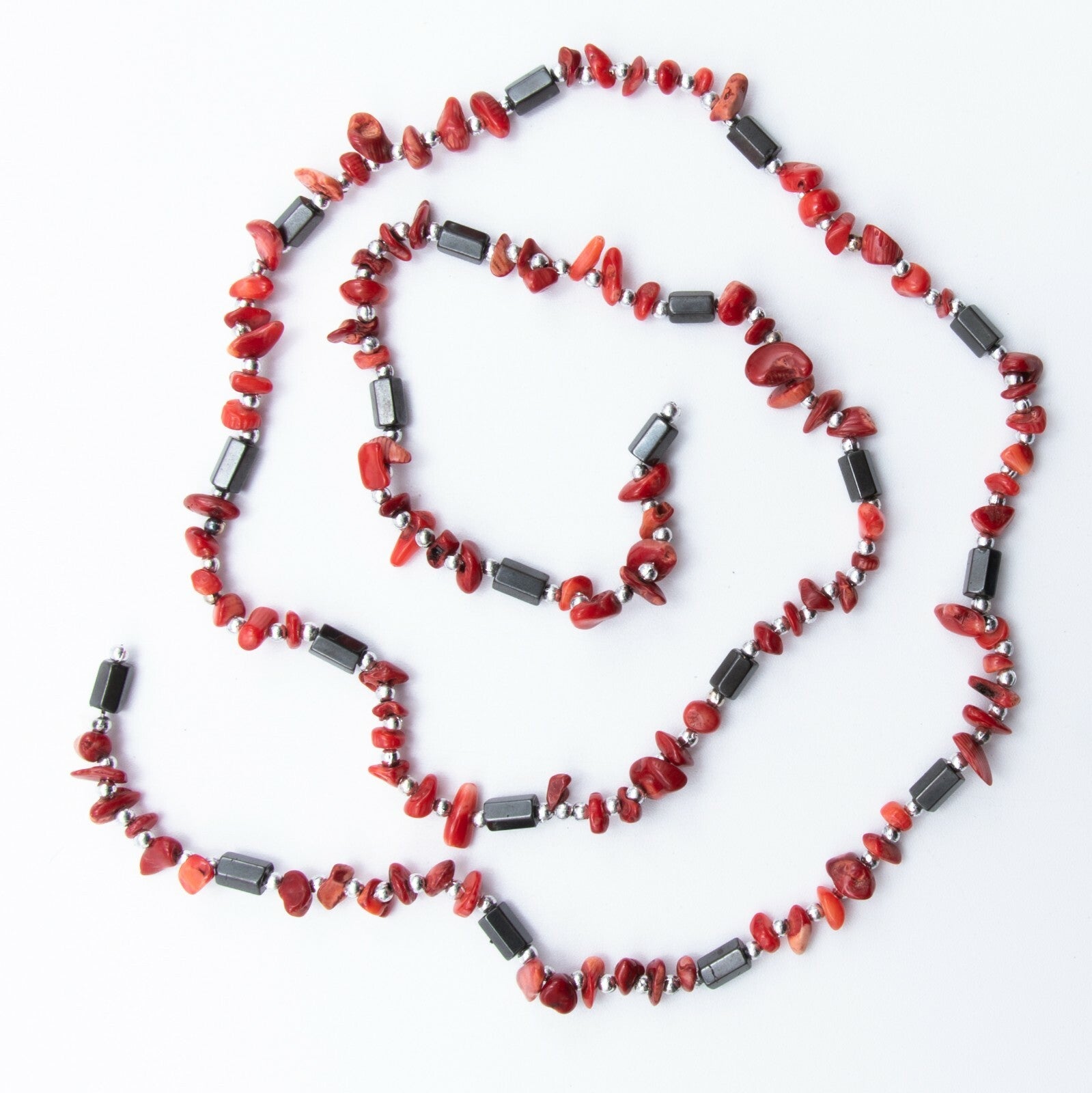 Magnetic Therapy Wrap Bracelet Necklace Anklet Red Stone Silvertone Hematite 33"