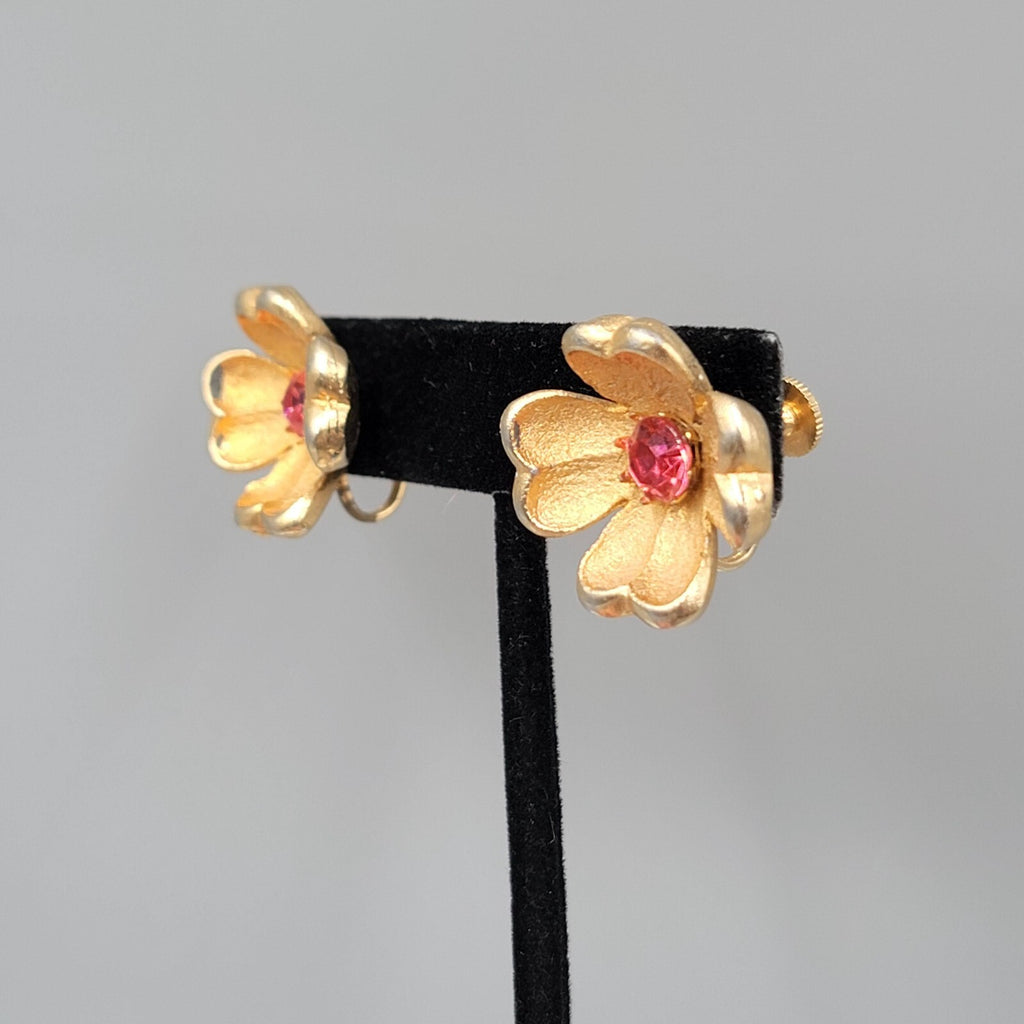 Vintage Flower Clip on Earrings Gold tone Pink Rhinestone Drop 7/8" Screw Back