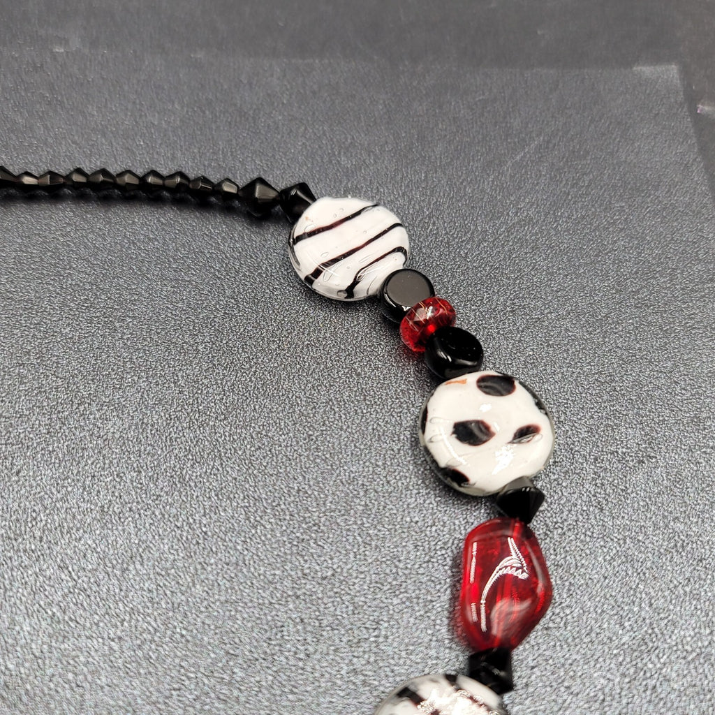 Black White Red Glass Bead Statement Necklace 26 in Toggle Clasp