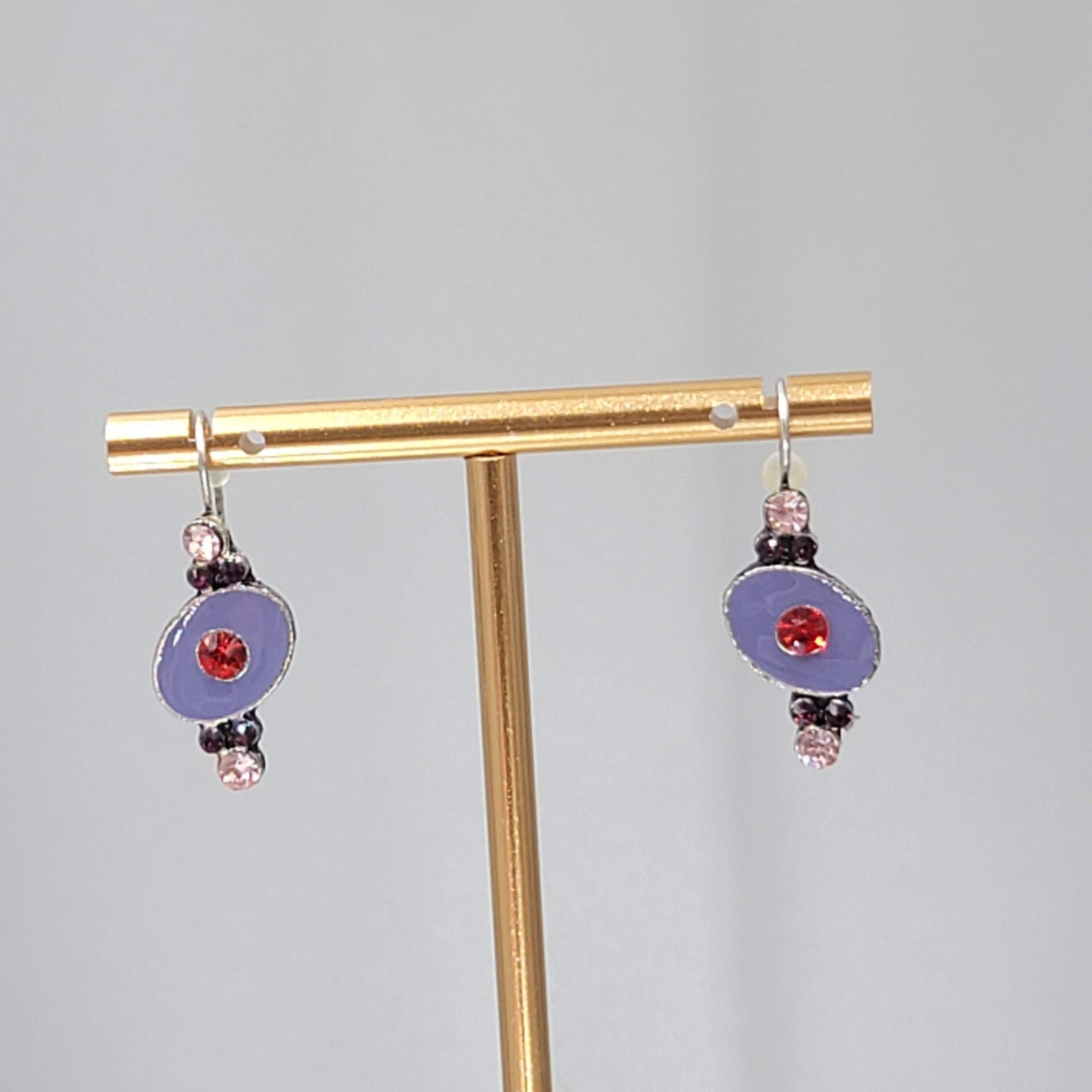 Purple Enamel Red Rhinestone Pierced Earrings Silver tone Drop 7/8"