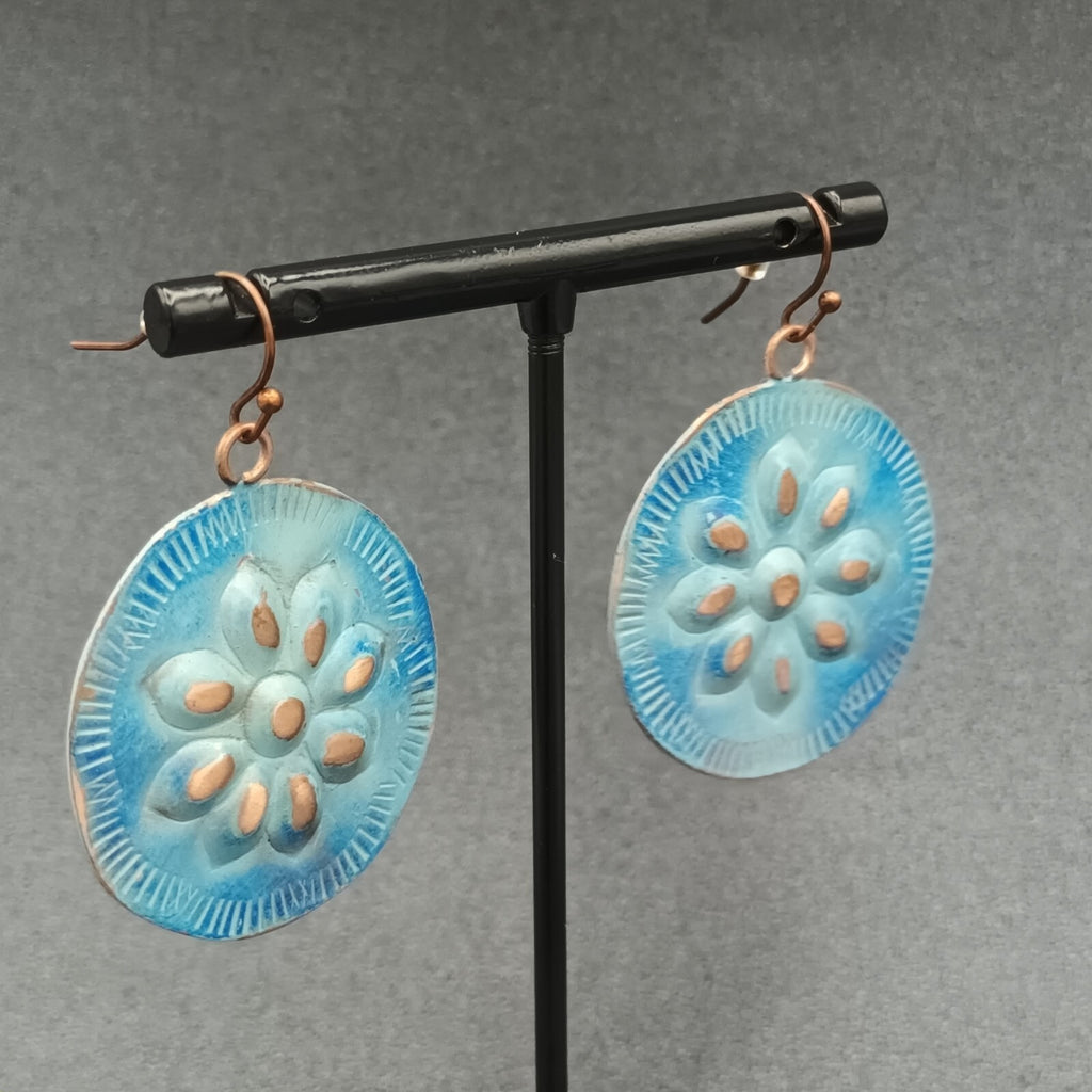 Pierced Earrings Copper tone Blue Enamel Flower Embossed Discs Dangle Boho 1.25"
