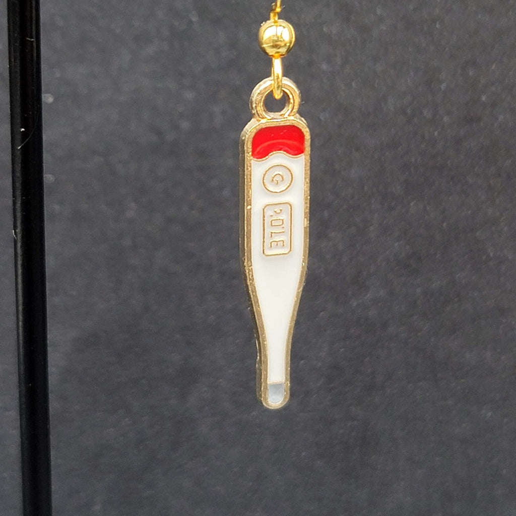 Nurse Thermometer Pierced Earrings Red White Enamel Gold tone Dangle 1 1/8"
