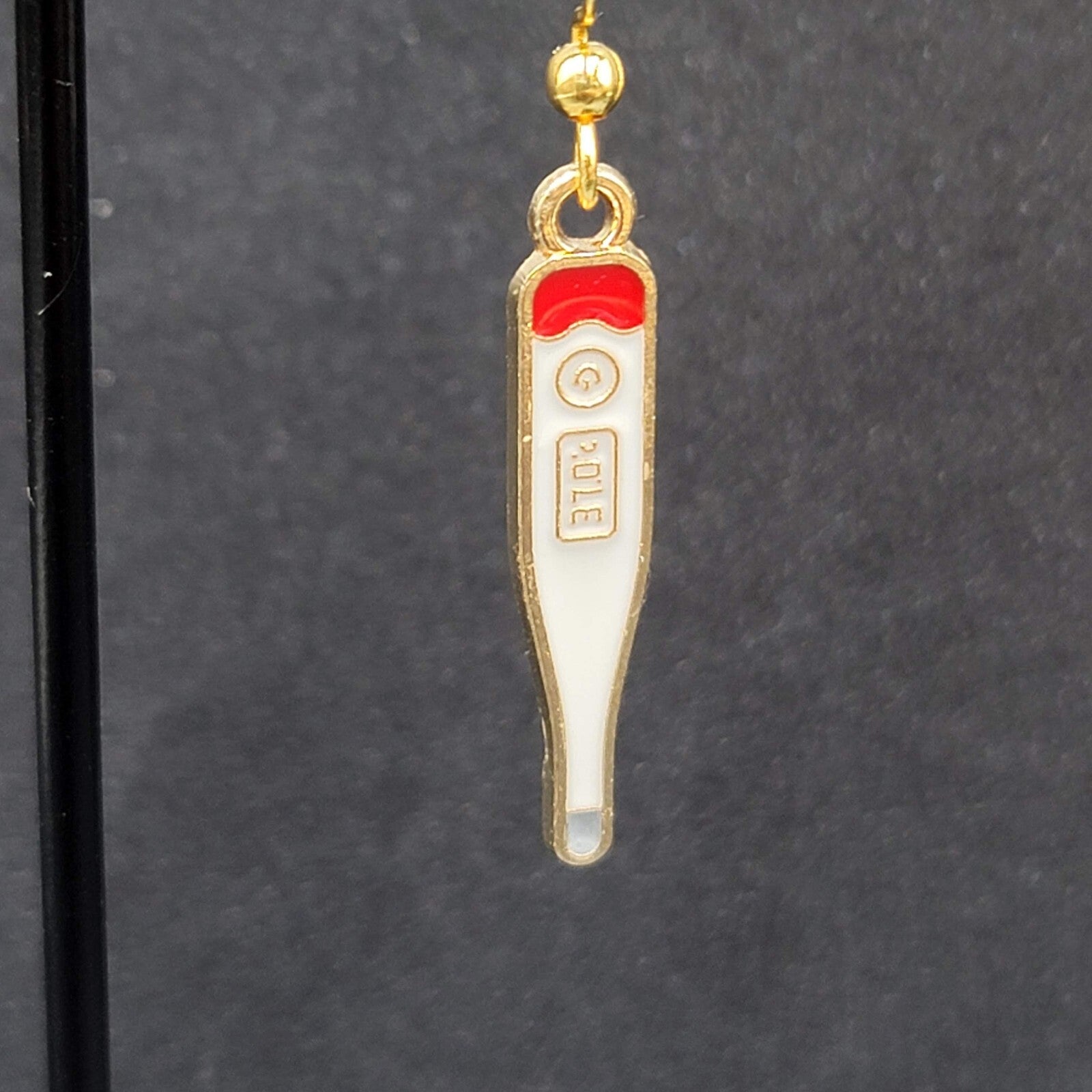 Nurse Thermometer Pierced Earrings Red White Enamel Gold tone Dangle 1 1/8"