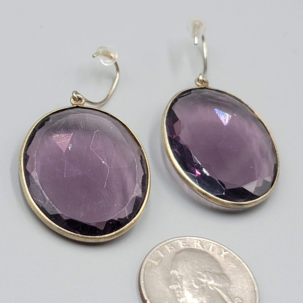 Pierced Earrings Gold tone Large Purple Faceted Glass Oval Dangle 1 3/8"