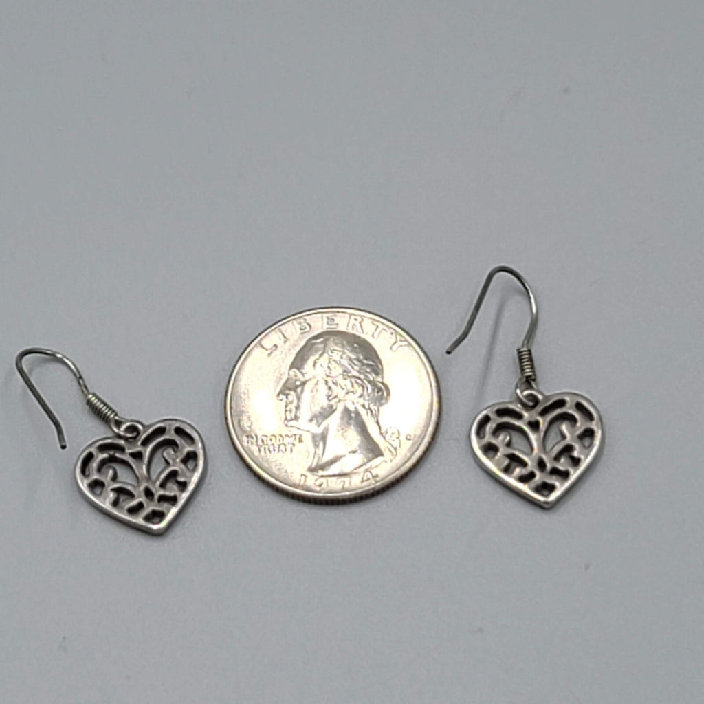 Heart Pierced Earrings Small Filigree Silver tone Dangle 1/2"