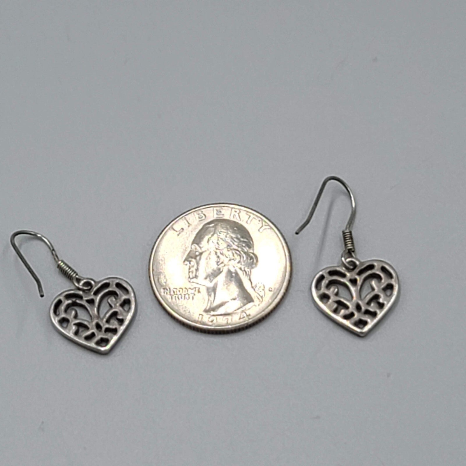 Heart Pierced Earrings Small Filigree Silver tone Dangle 1/2"