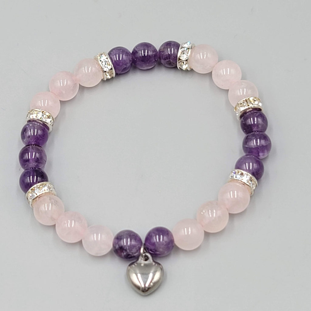 Pink Quartz and Amethyst Bead Bracelet Elastic Rhinestone Spacers Heart Charm