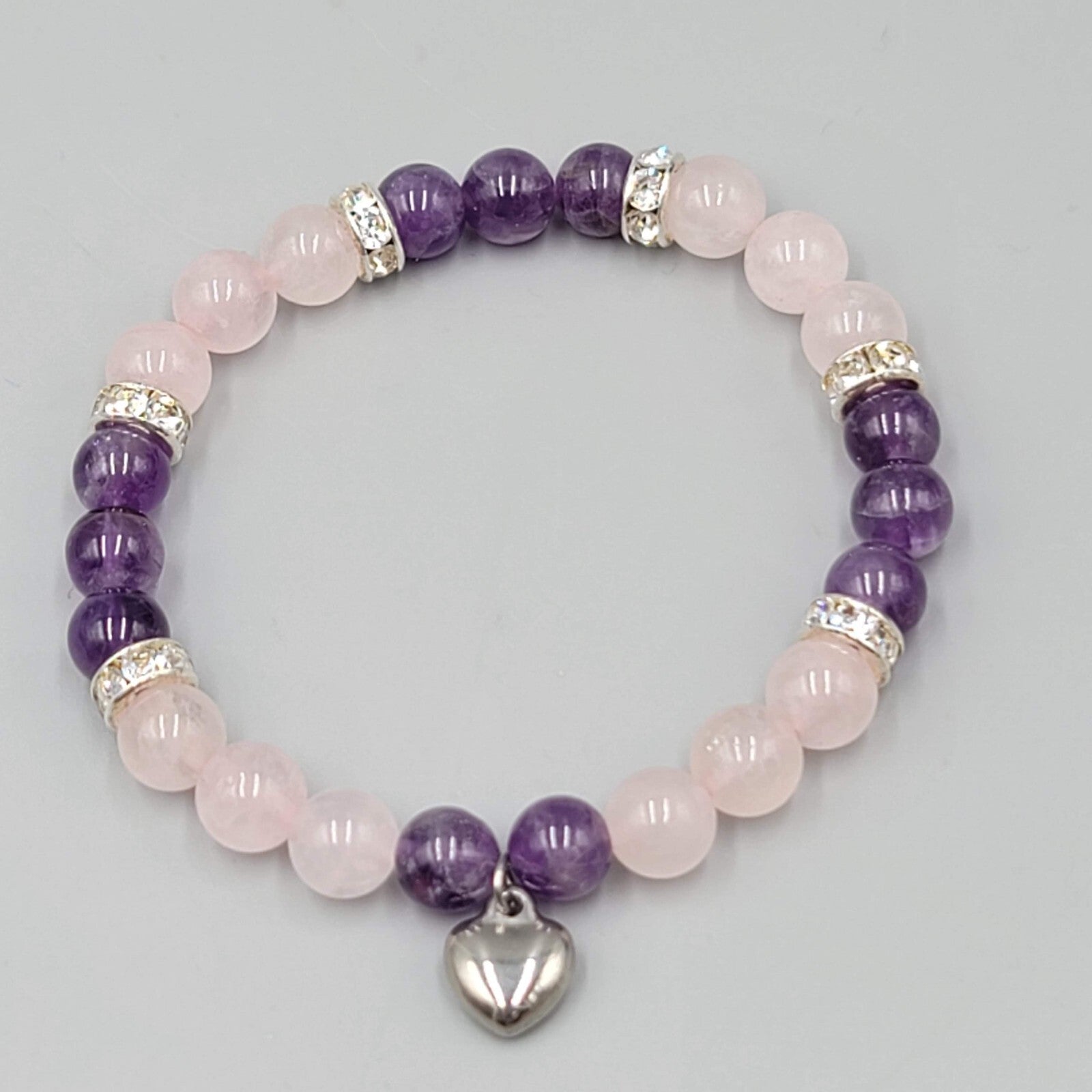 Pink Quartz and Amethyst Bead Bracelet Elastic Rhinestone Spacers Heart Charm