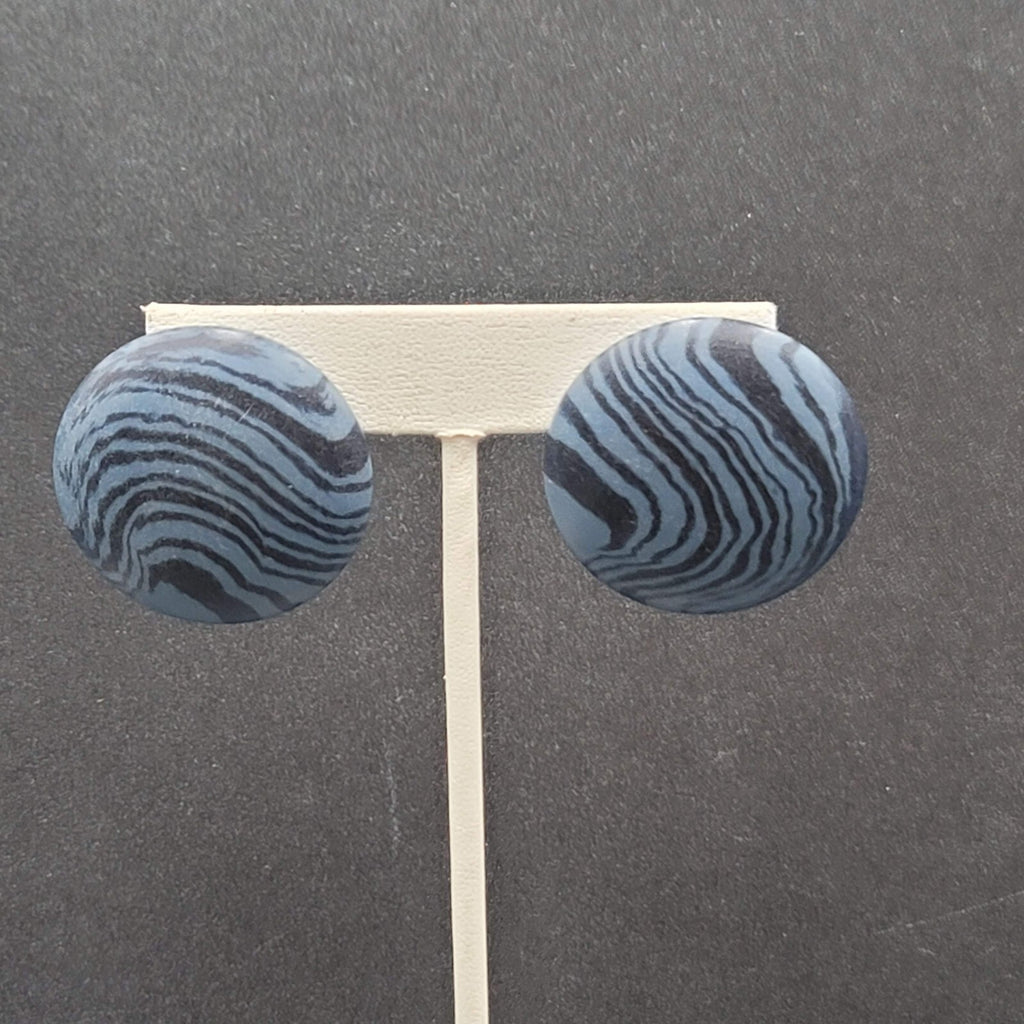 Vintage Pierced Earrings Blue Black Swirl Disc Drop 1.25"