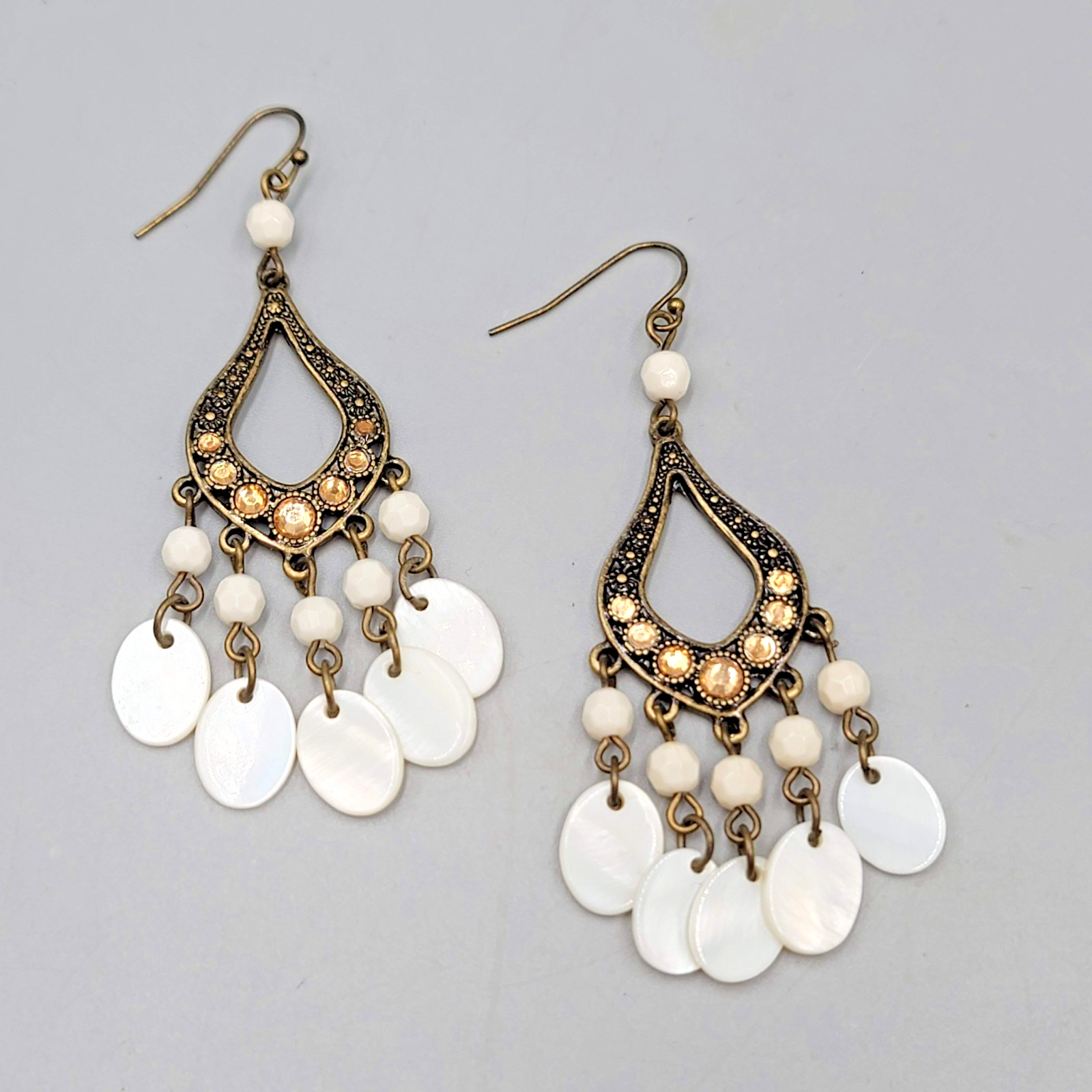 Chandelier Mother of Pearl Pierced Earrings Bronze tone Dangle 2.75 in
