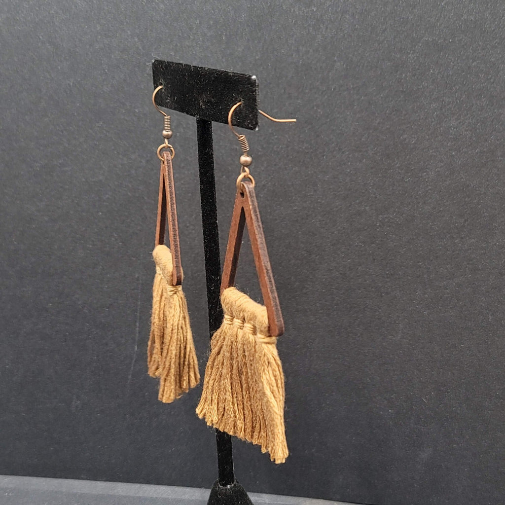 New Boho Pierced Earrings Wood Triangle Gold Brown Tassel Statement 3"