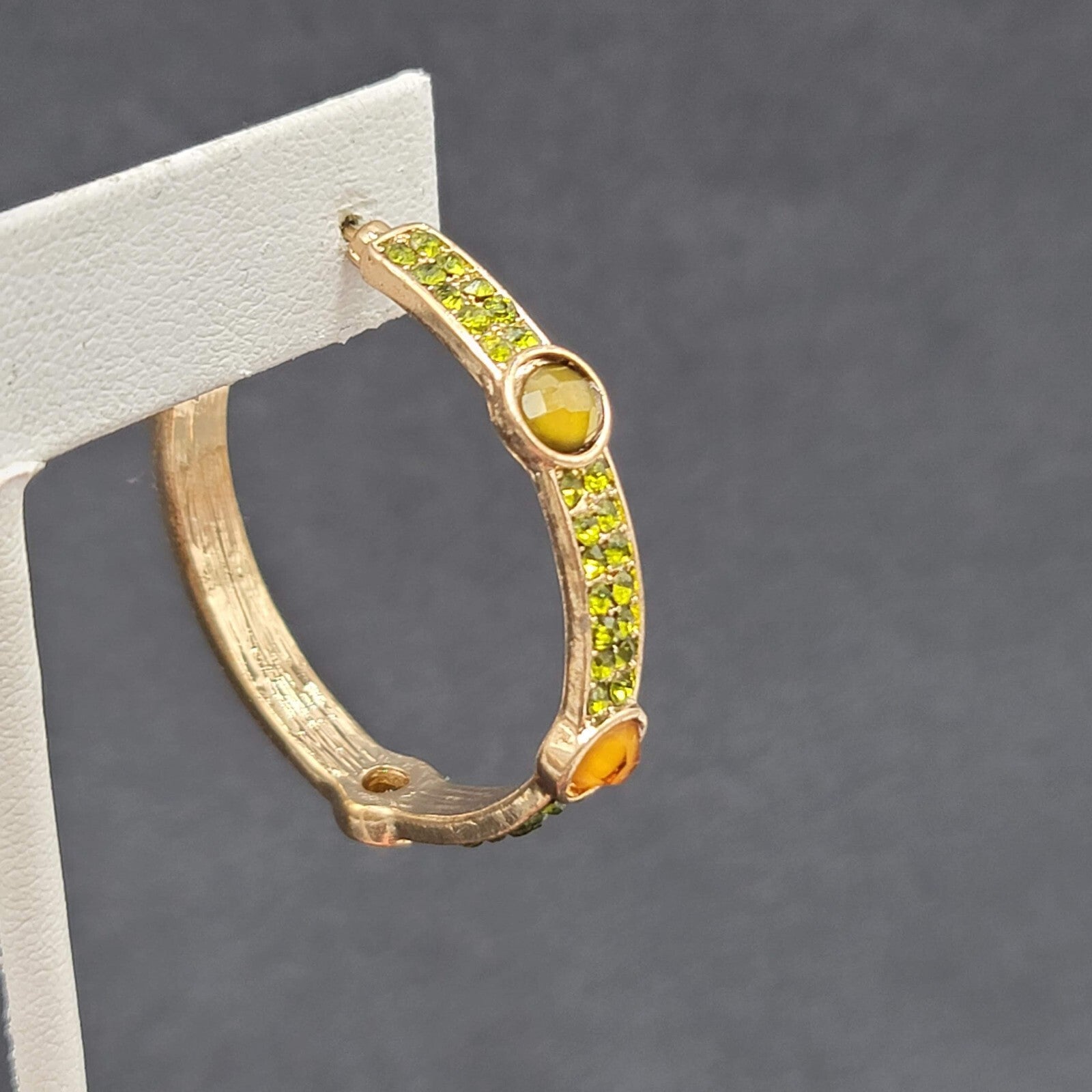 Pierced Earrings Gold tone Green Rhinestone Hoops 1 3/8"