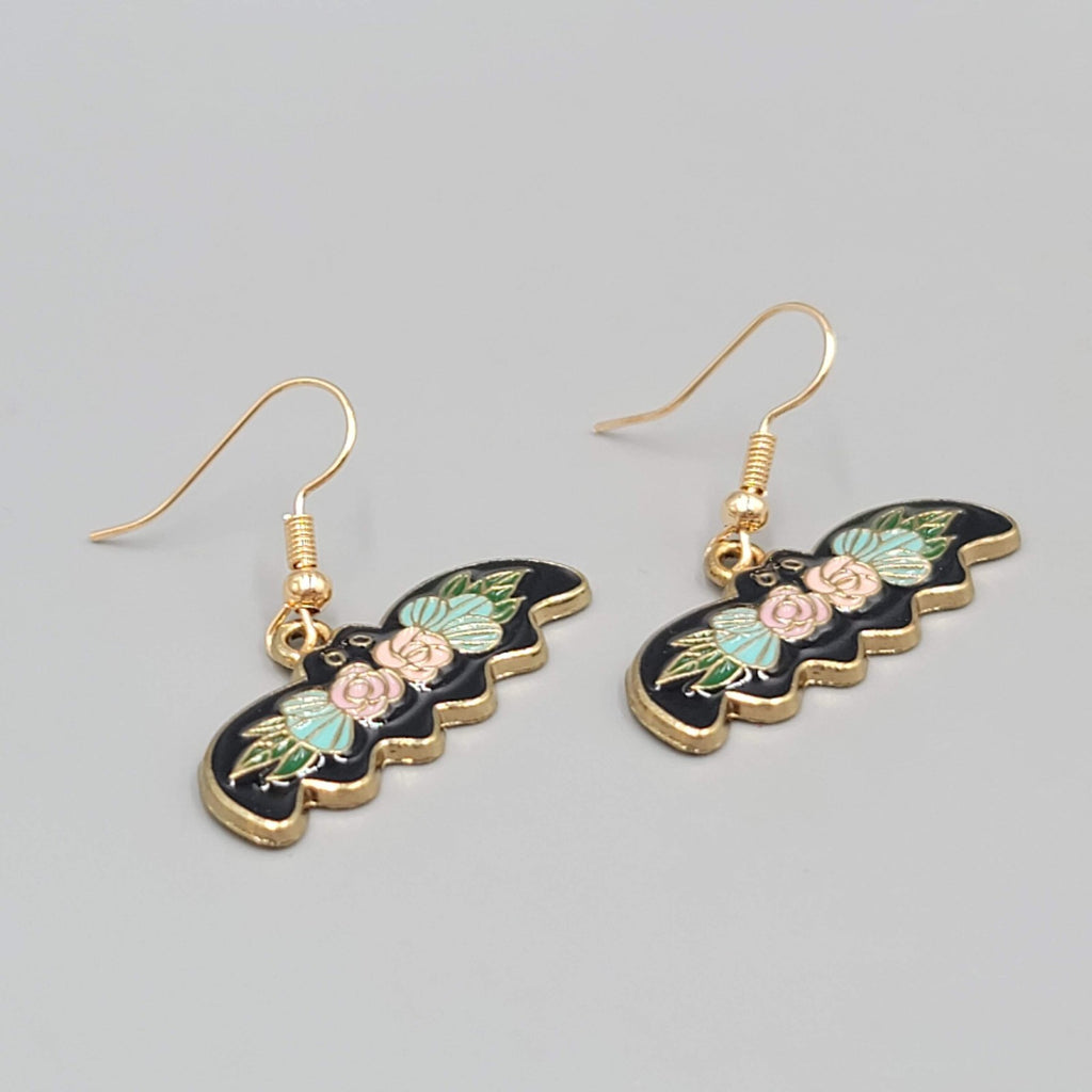 Pierced Earrings Gold tone Enamel Red Rose Moth Dangle 1/2"
