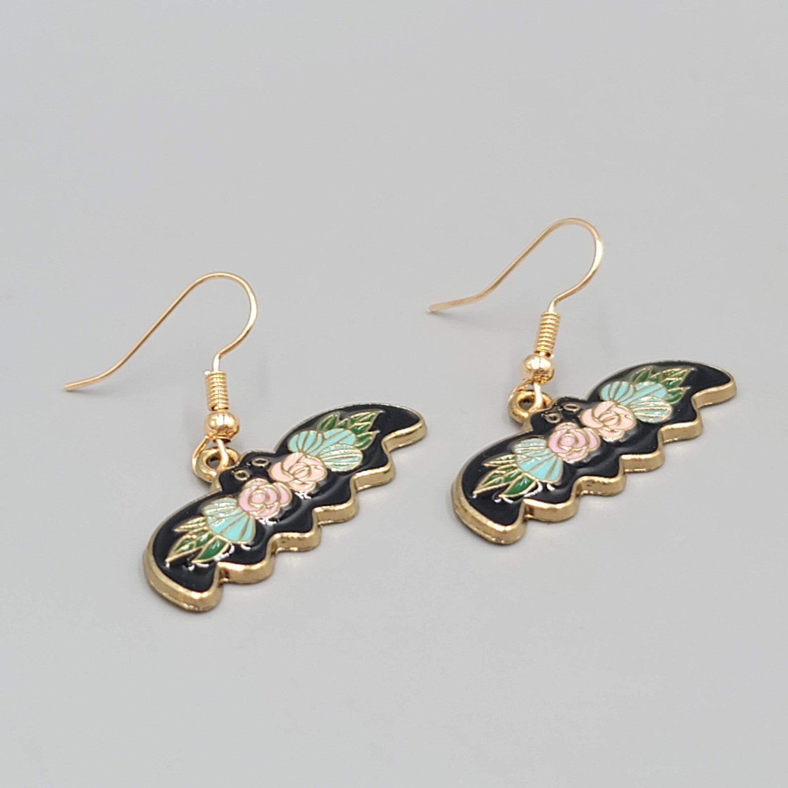 Pierced Earrings Gold tone Enamel Red Rose Moth Dangle 1/2"
