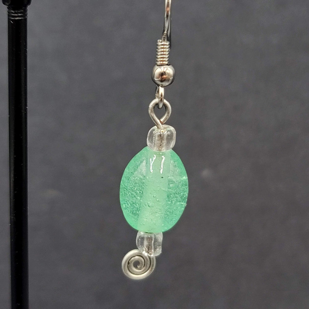 Pierced Earrings Silver tone Green Glass Beads Dangle 1"