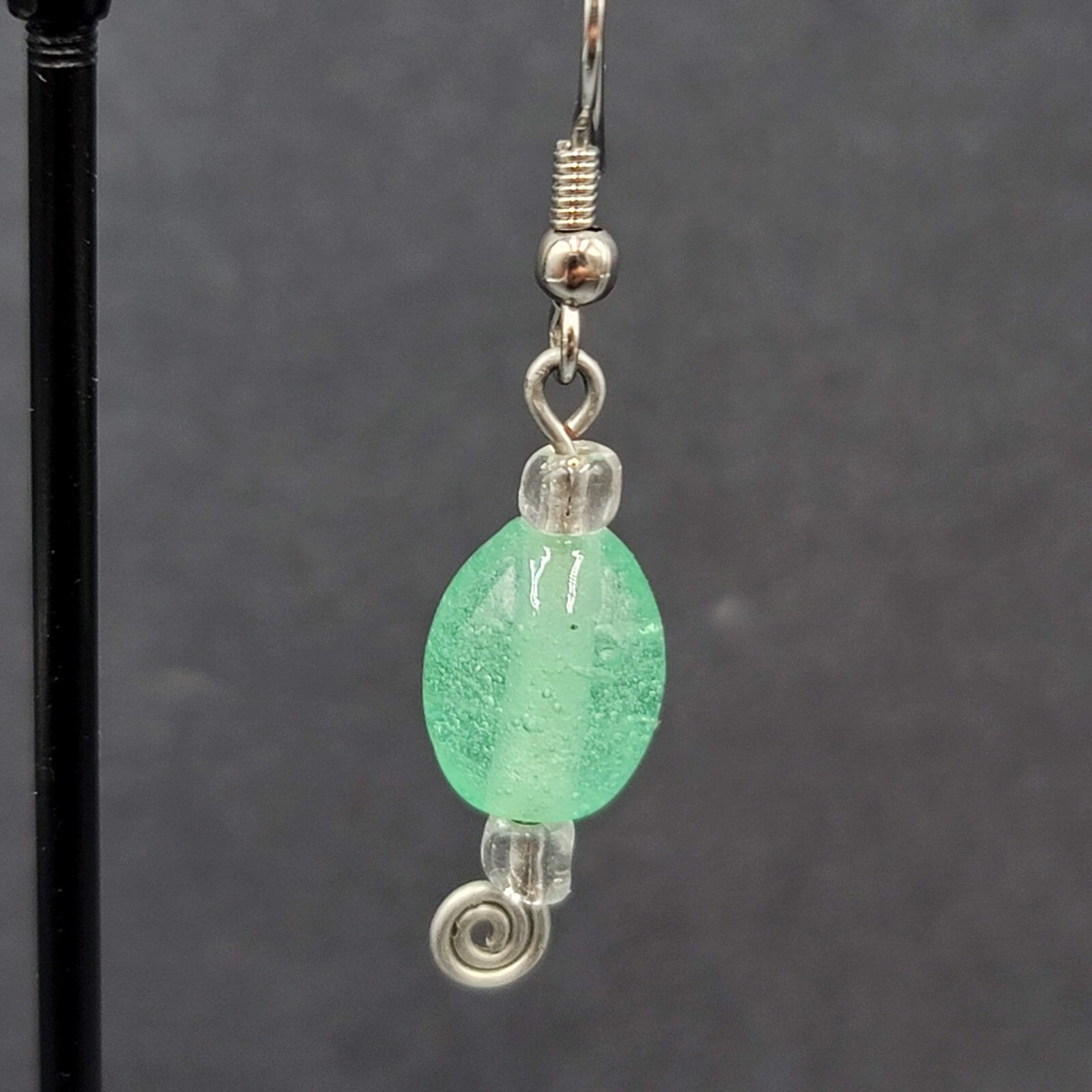 Pierced Earrings Silver tone Green Glass Beads Dangle 1"