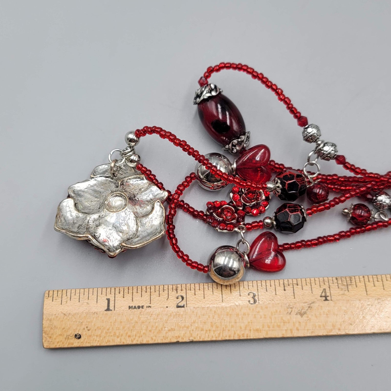 Red Bead Triple Layer Necklace Silver tone Statement Flower Pendant 20"+