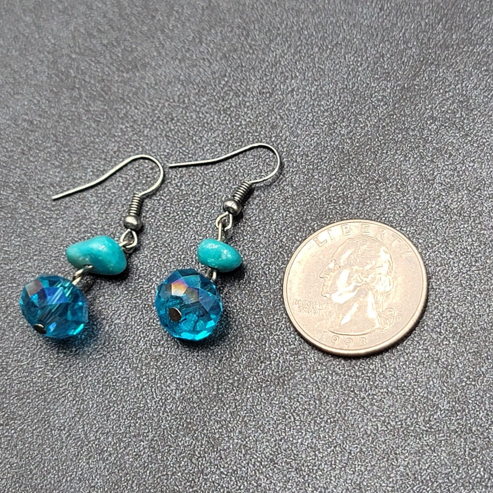 Pierced Earrings Silver tone Turquoise Stone Blue Crystal Bead Dangle 7/8"