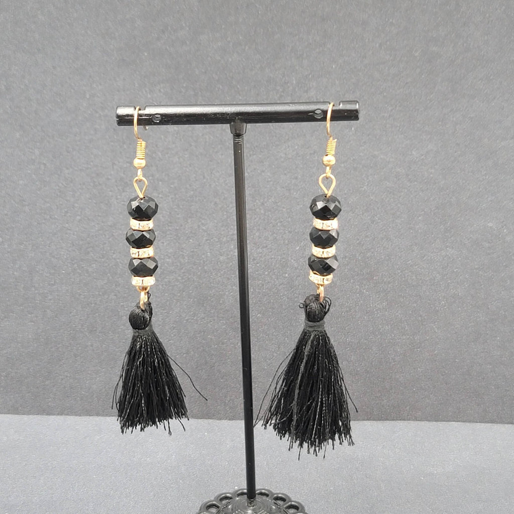 Black Tassel Pierced Earrings Gold tone Rhinestone Beads 3"