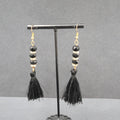 Black Tassel Pierced Earrings Gold tone Rhinestone Beads 3"