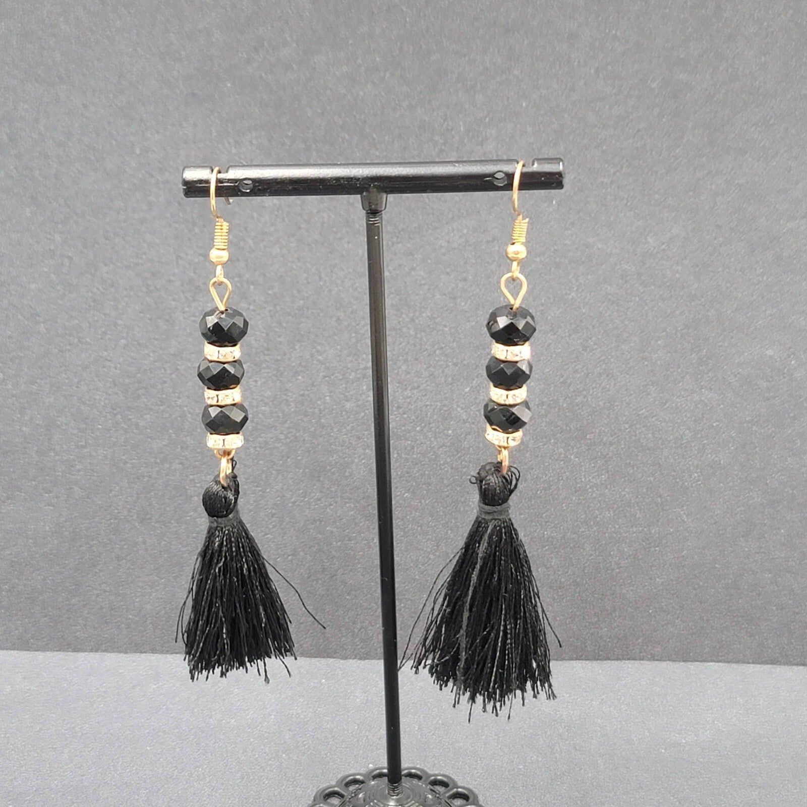 Black Tassel Pierced Earrings Gold tone Rhinestone Beads 3"