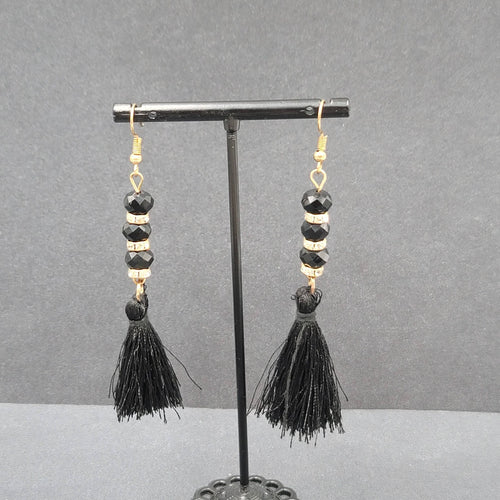 Black Tassel Pierced Earrings Gold tone Rhinestone Beads 3"
