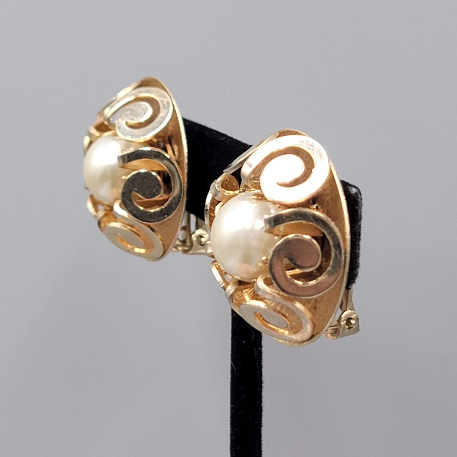Vintage Clip on Earrings Gold tone White Cabochon Round Statement 1 1/8"