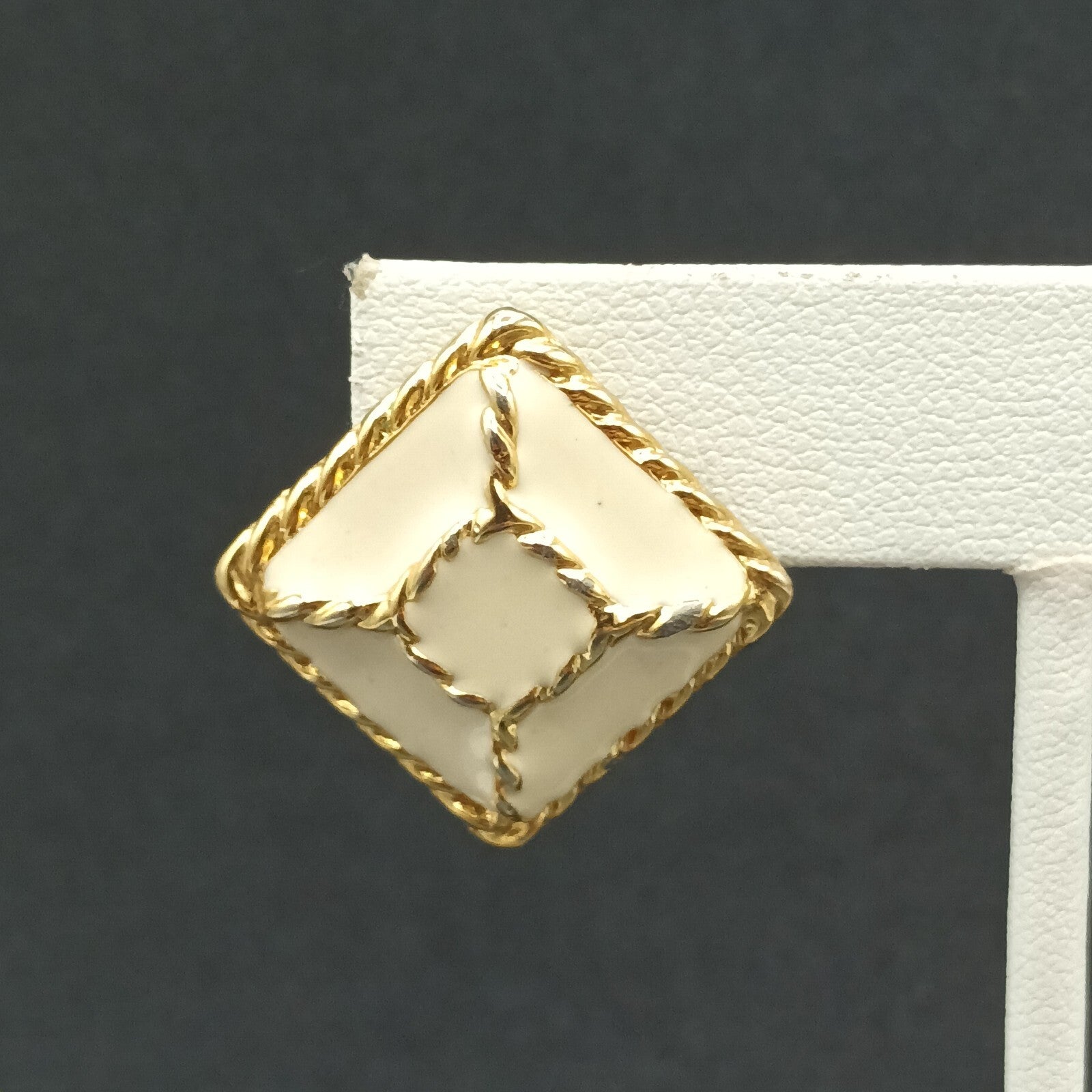 Vintage Pierced Earrings Gold Plated Cream Enamel Geometric Drop 1"