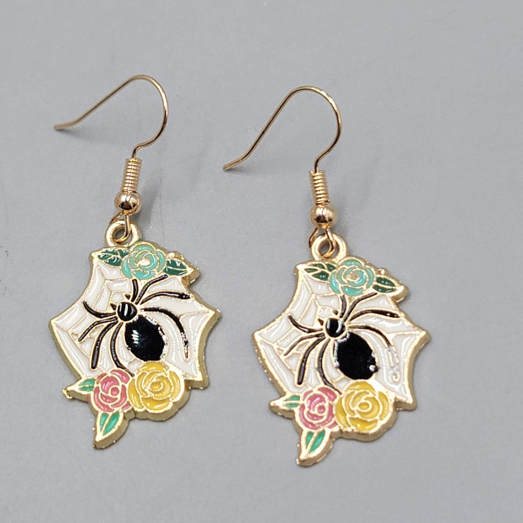 Pierced Earrings Gold tone Enamel Red Rose Moth Dangle 1"