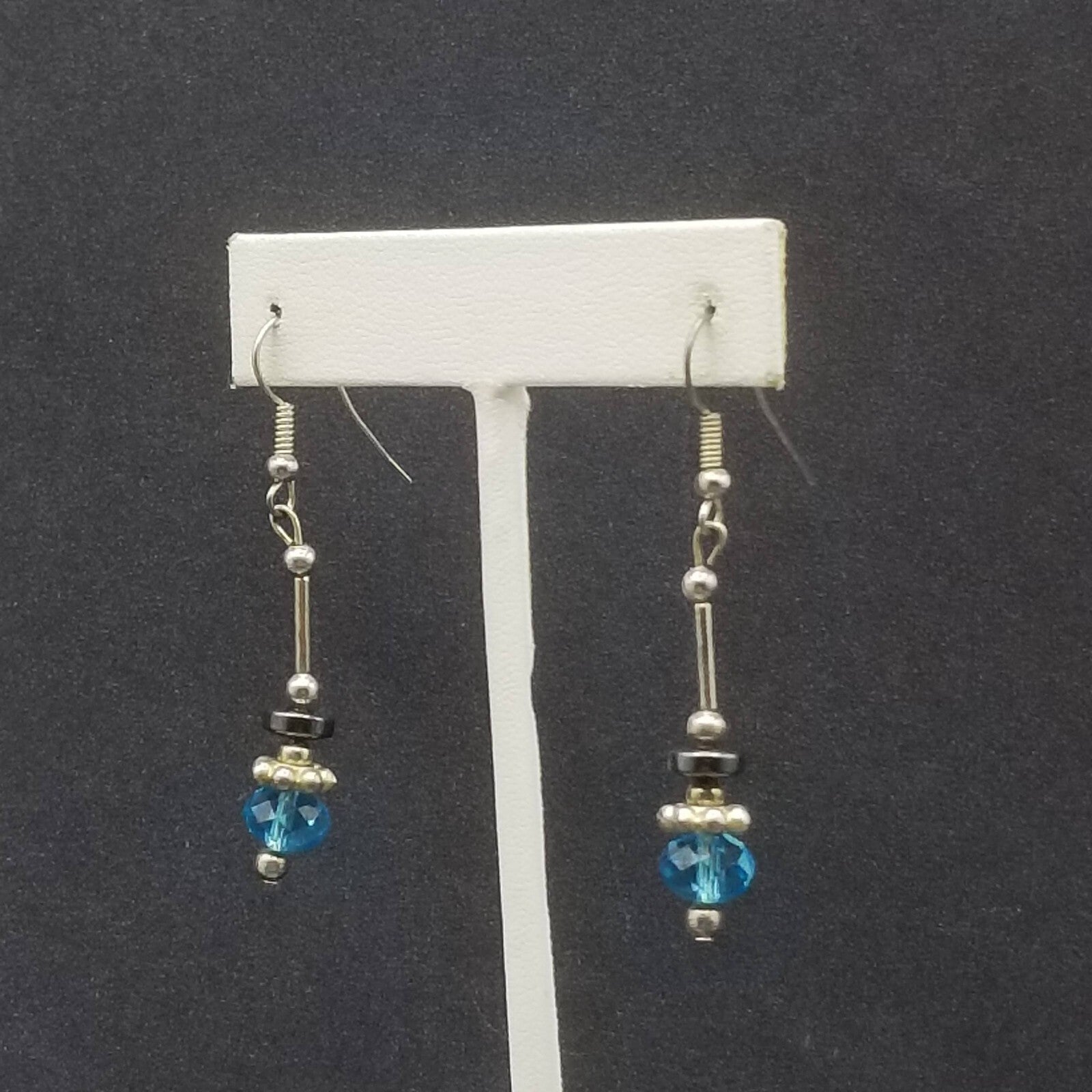 Pierced Earrings Silver tone Blue Faceted Crystal Hematite Bead Dangle 1 1/4"