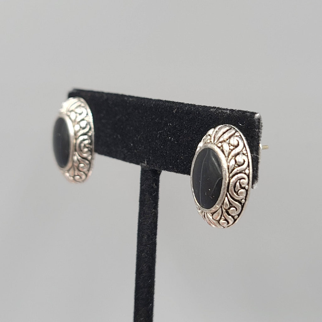 Pierced Earrings Silver tone Embossed Black Enamel Oval Drop 3/4"