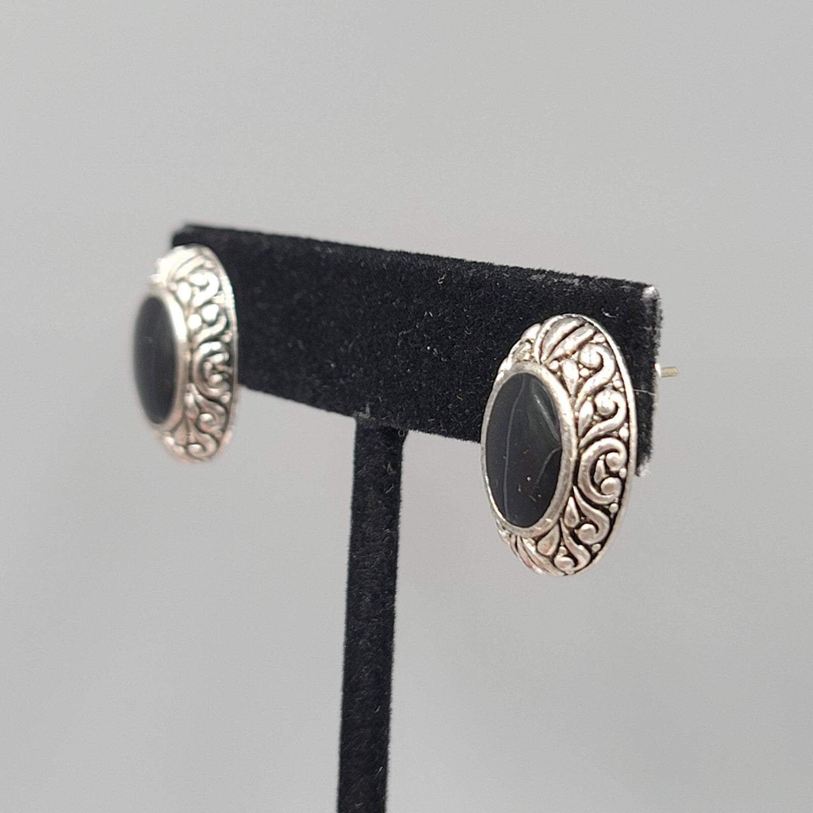 Pierced Earrings Silver tone Embossed Black Enamel Oval Drop 3/4"