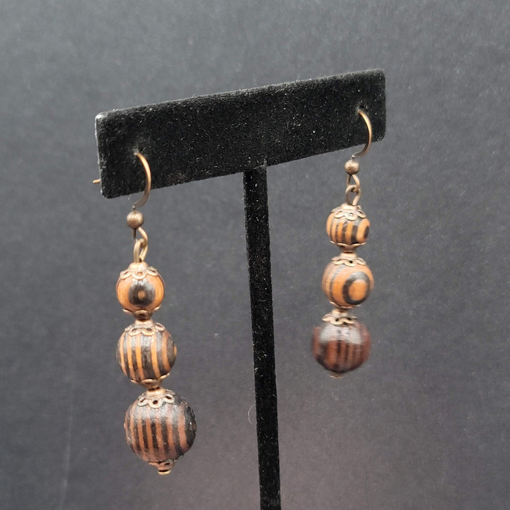 New Boho Pierced Earrings Copper tone Capped Wood Beads Dangle 1.5"