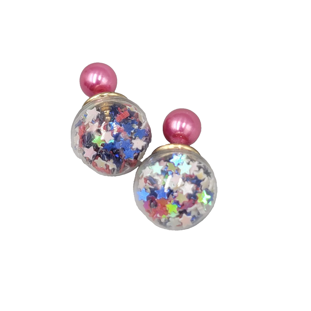 Reversible Stud Pierced Earrings  Star Confetti Glass Globe 5/8 in