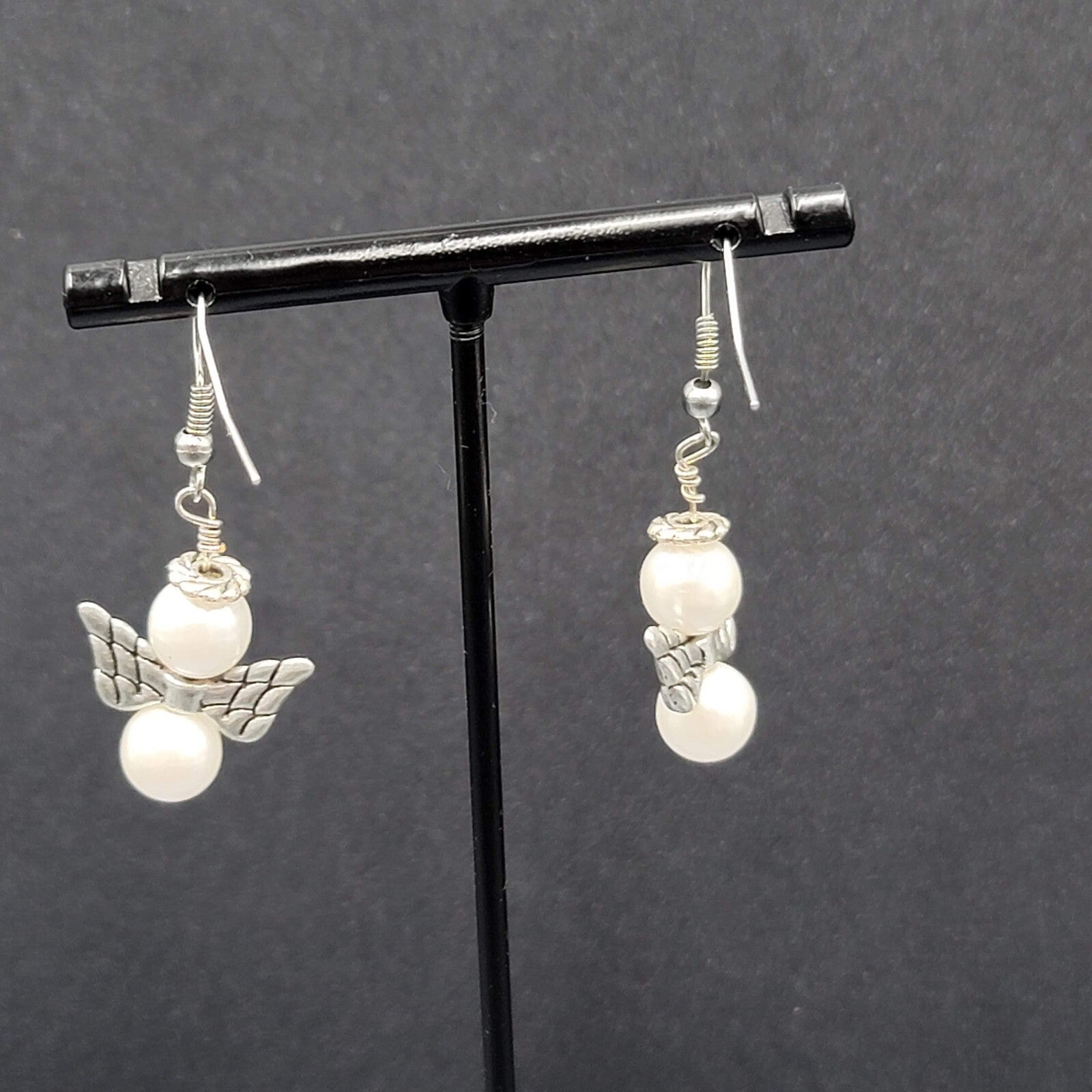 Angel Pierced Earrings Silver tone White Bead Dangle  1"