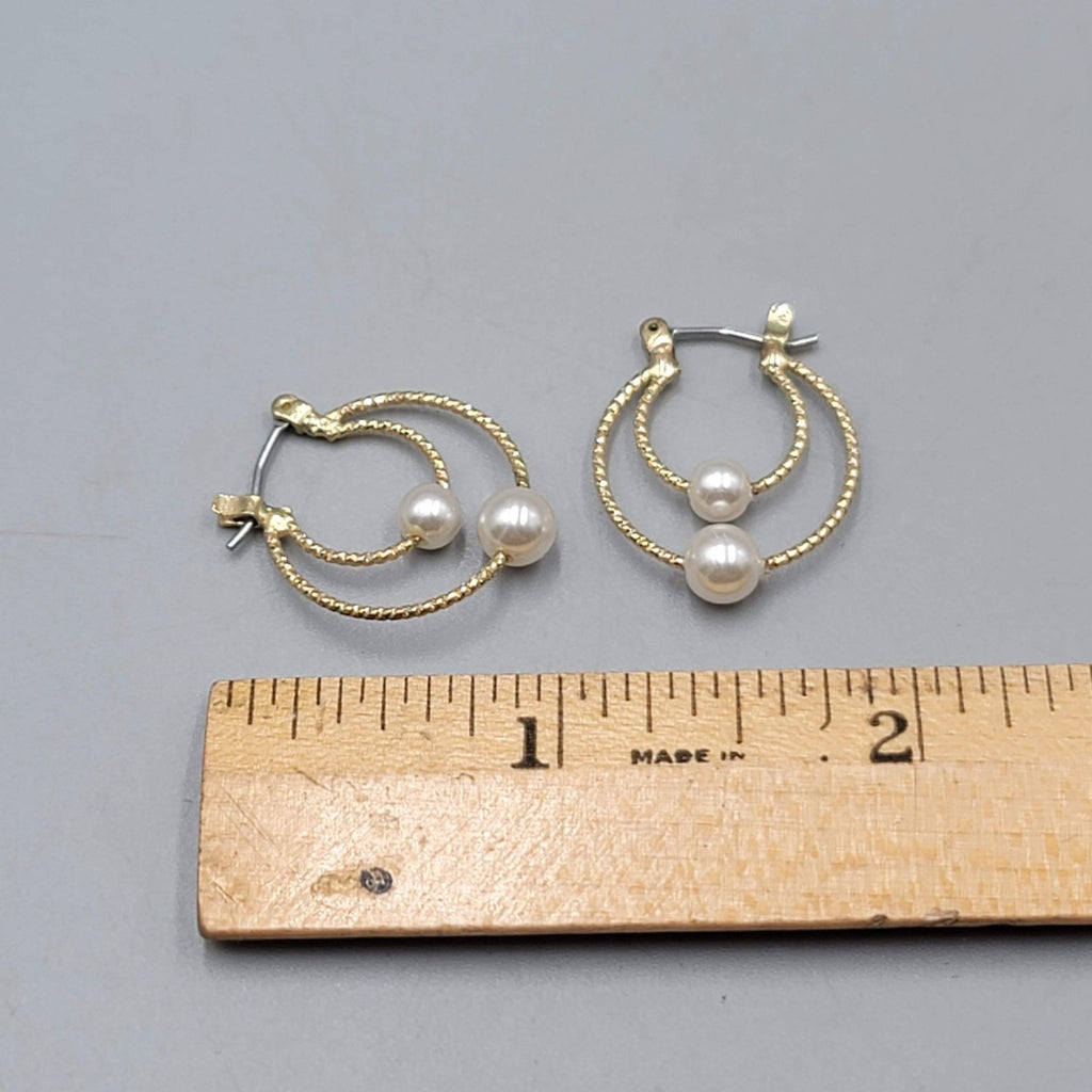 Double Hoops Pierced Earrings Gold tone Faux Pearl Bead 1"