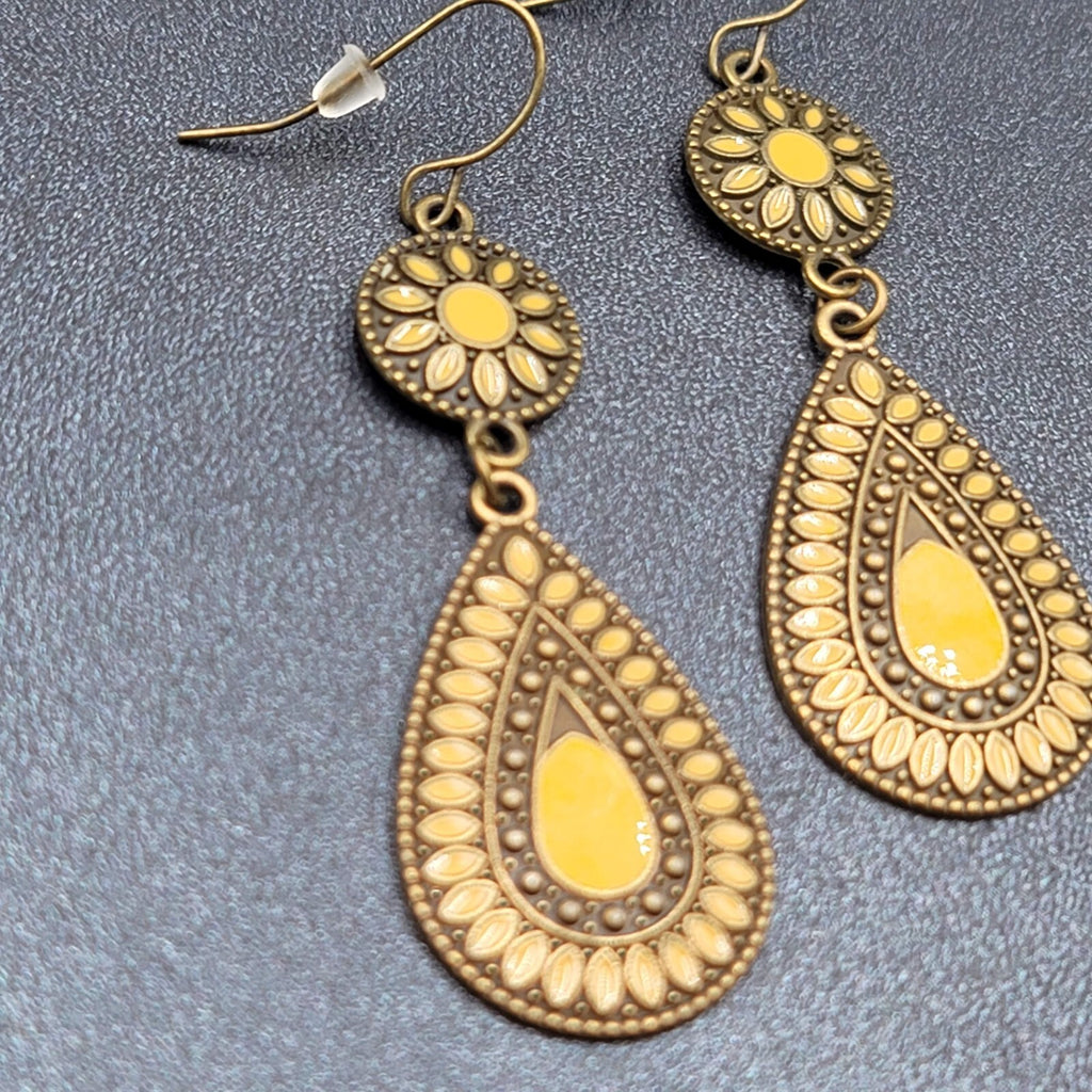 New Boho Pierced Earrings Antiqued Gold tone Lt Orange Enamel Teardrop Dangle 2"