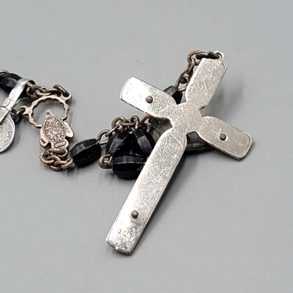 Catholic Rosary Crucifix Black Plastic Beads Silver tone Made in Italy