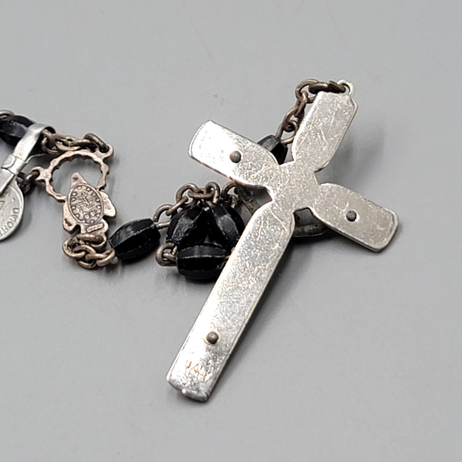 Catholic Rosary Crucifix Black Plastic Beads Silver tone Made in Italy