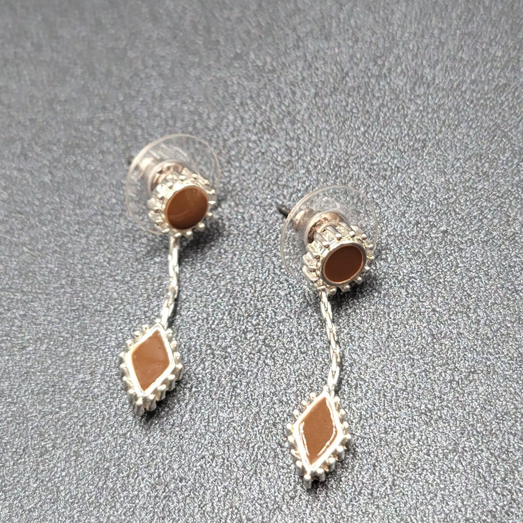 Pierced Earrings Silver tone Brown Enamel Dangle Unique Design  1.25"