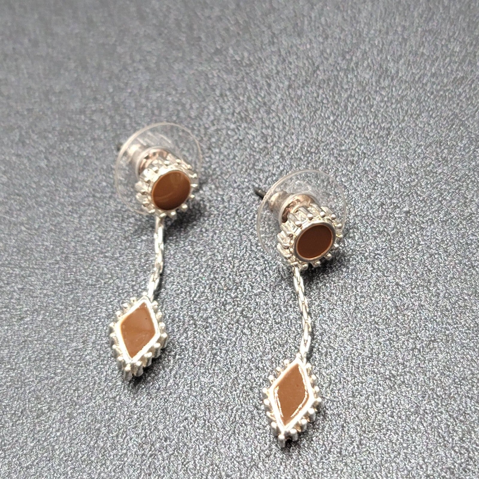 Pierced Earrings Silver tone Brown Enamel Dangle Unique Design  1.25"