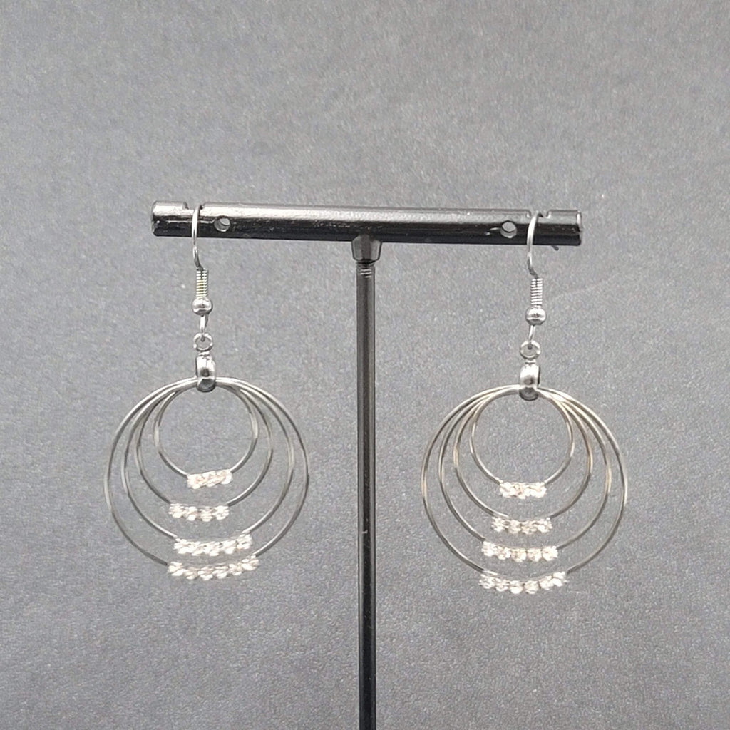 Pierced Earrings Black Metal Crystal Layered Hoops Dangle 1.75"